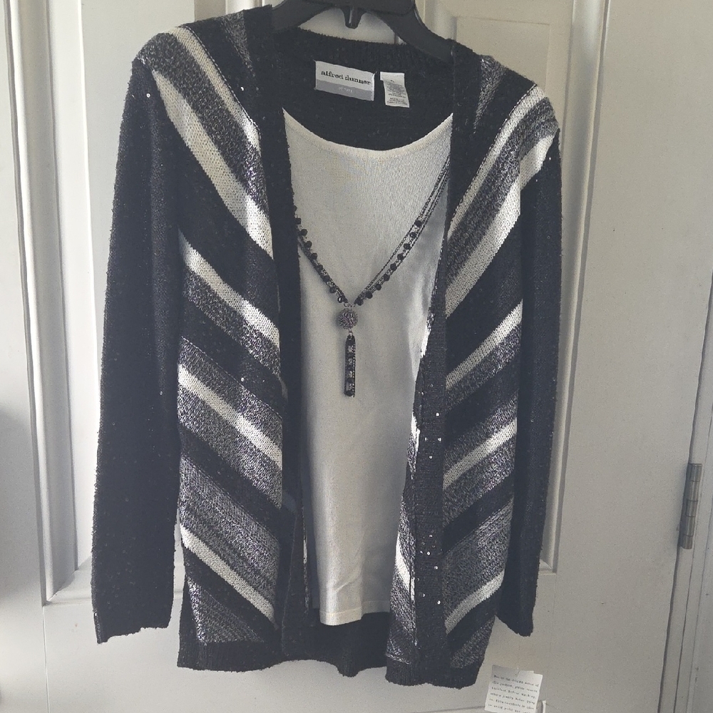 Alfred Dunner Black and White Chevron Cardigan